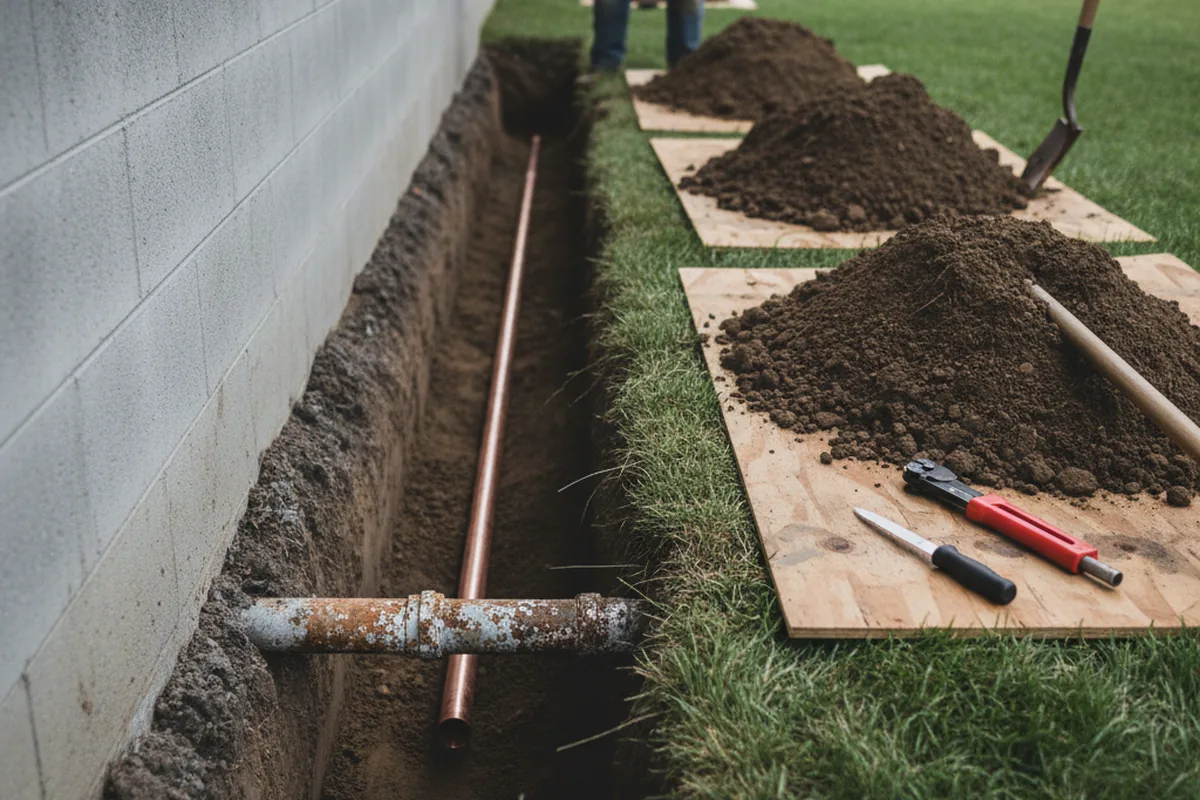 Excavated water line trench during Water Heater Repair in New Salisbury